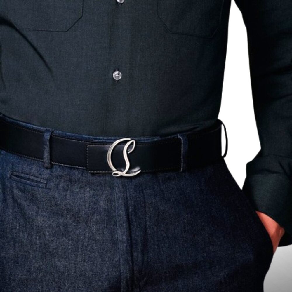 Christian Louboutin CL Logo Belt 40mm Black Calfskin Red Lining Silver Buckle - Picture 7 of 7